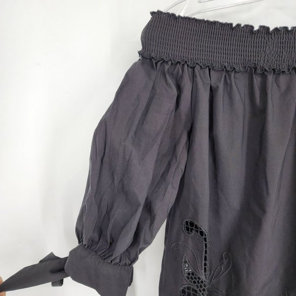 Chelsea28 Off The Shoulder Cropped Blouse XS Black ¾ Tie Sleeve Floral Cutout - Picture 3 of 12